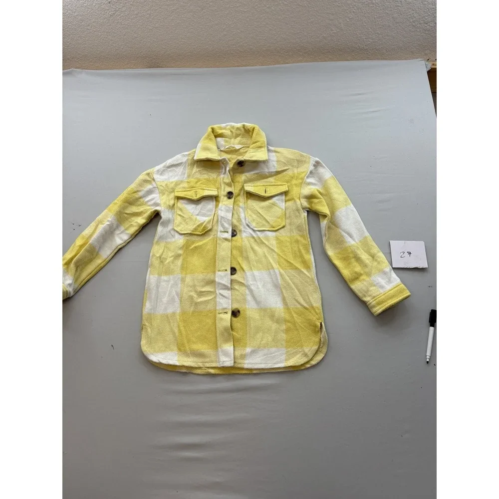 H&M Boys Yellow White Plaid Flannel Shacket Button Up Shirt Size 10 Long Sleeve